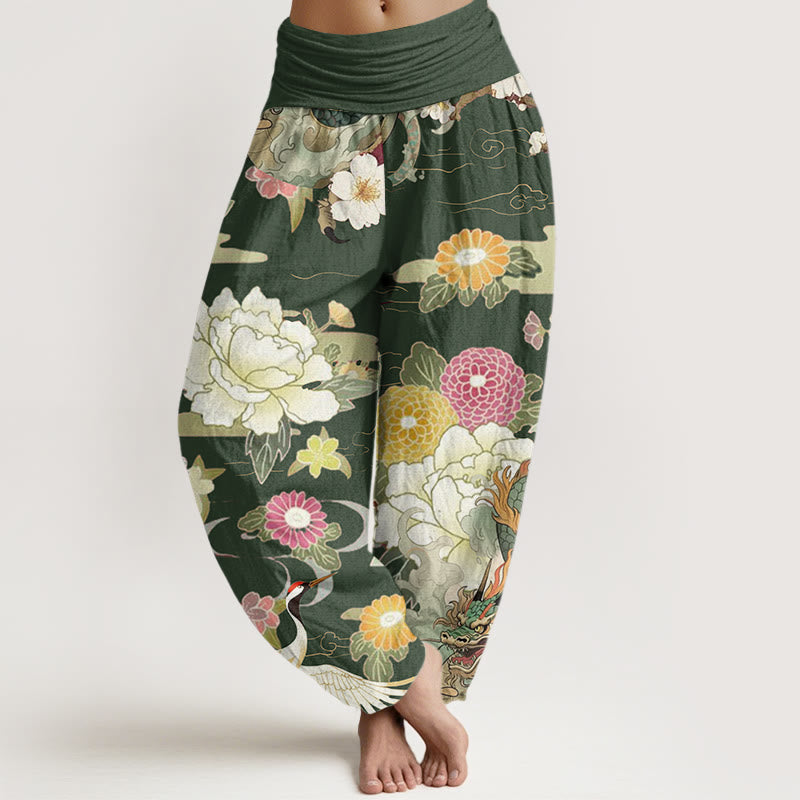Buddha Stones Lässige Haremshose mit elastischer Taille und Drachen-Mandschurenkranich-Pfingstrosen-Blumenmuster für Damen - Olivgrün - US22， UK/AU26，EU54 (6XL) - image 8