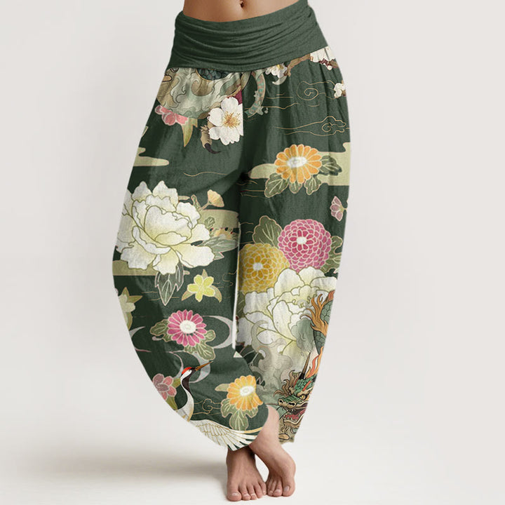 Buddha Stones Lässige Haremshose mit elastischer Taille und Drachen-Mandschurenkranich-Pfingstrosen-Blumenmuster für Damen - Olivgrün - US22， UK/AU26，EU54 (6XL) - image 8