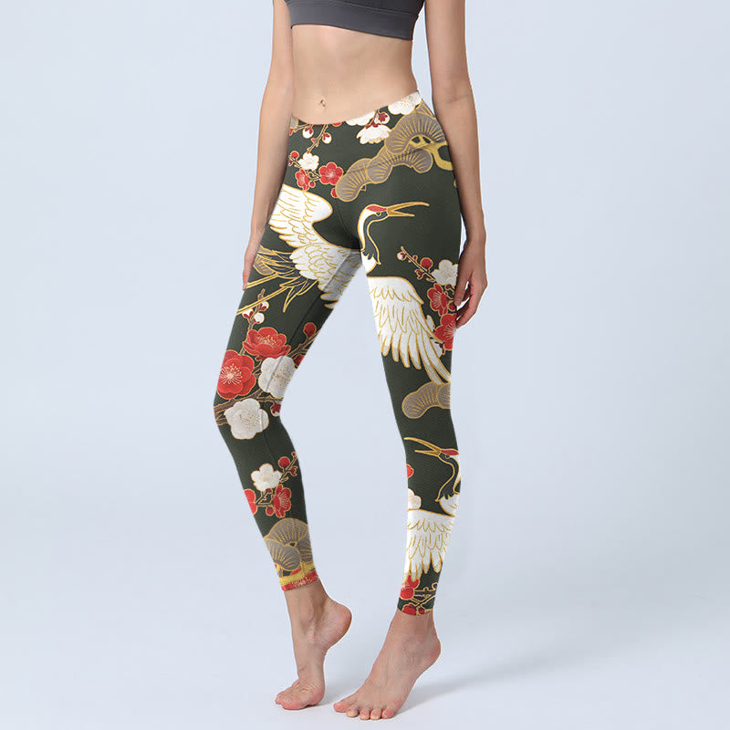 Buddha Stones, Rot-Kronen-Kraniche, Pflaumenblüten, Zweige, Musterdruck, Gym-Leggings, Damen-Yogahose - Schwarz - US18， UK/AU22，EU50 (4XL) - image 1