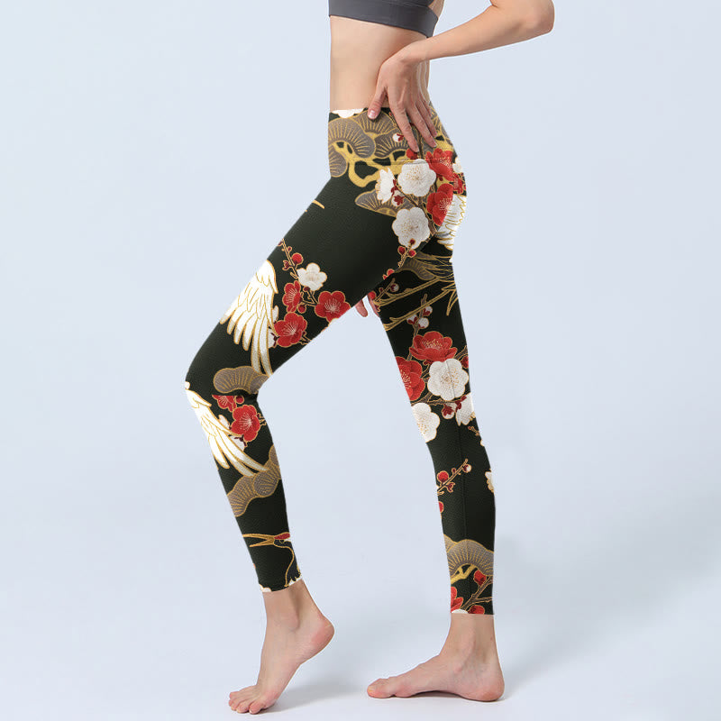 Buddha Stones, Rot-Kronen-Kraniche, Pflaumenblüten, Zweige, Musterdruck, Gym-Leggings, Damen-Yogahose - image 3