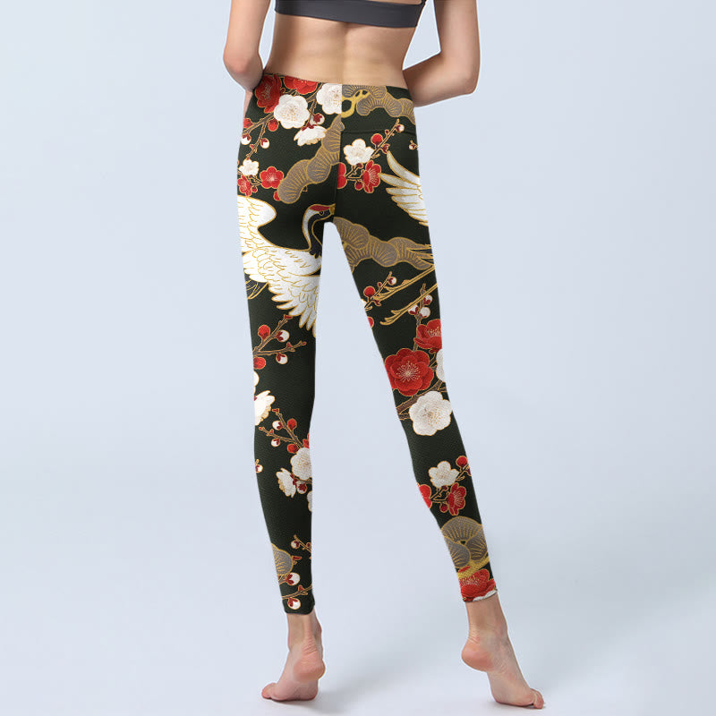 Buddha Stones, Rot-Kronen-Kraniche, Pflaumenblüten, Zweige, Musterdruck, Gym-Leggings, Damen-Yogahose - image 6