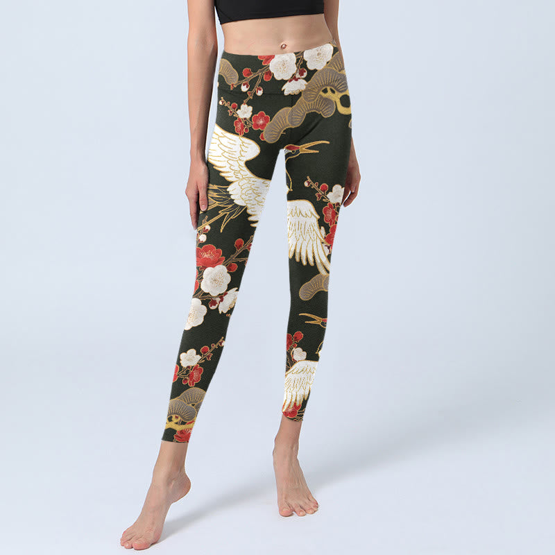 Buddha Stones, Rot-Kronen-Kraniche, Pflaumenblüten, Zweige, Musterdruck, Gym-Leggings, Damen-Yogahose - image 6