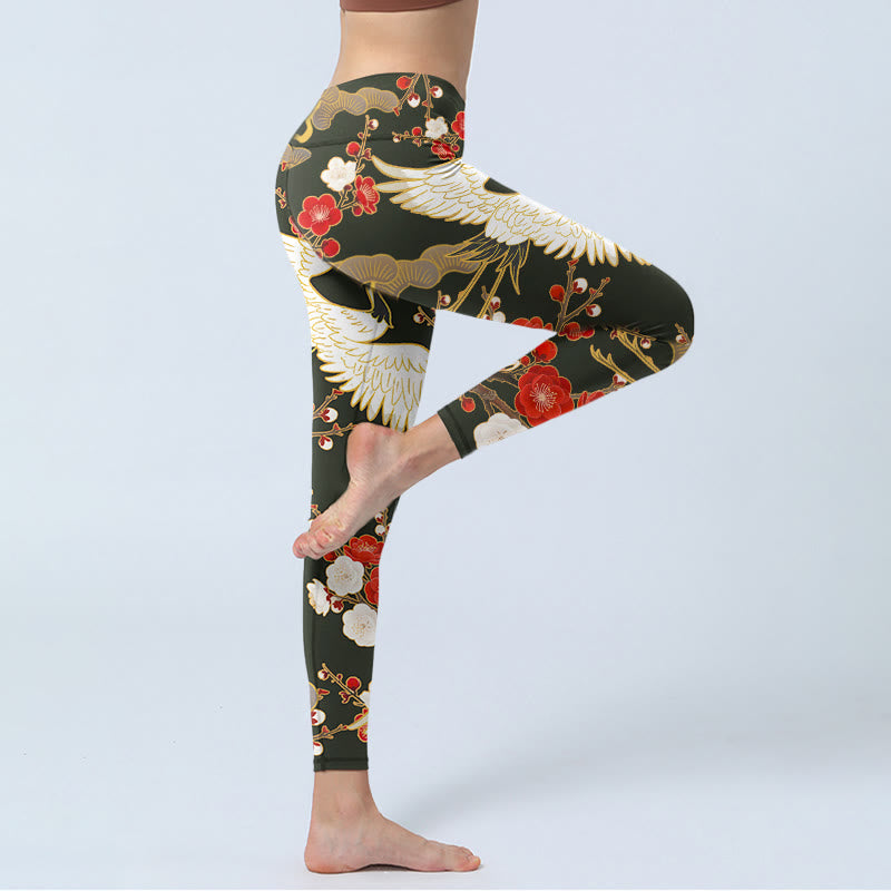Buddha Stones, Rot-Kronen-Kraniche, Pflaumenblüten, Zweige, Musterdruck, Gym-Leggings, Damen-Yogahose - image 3