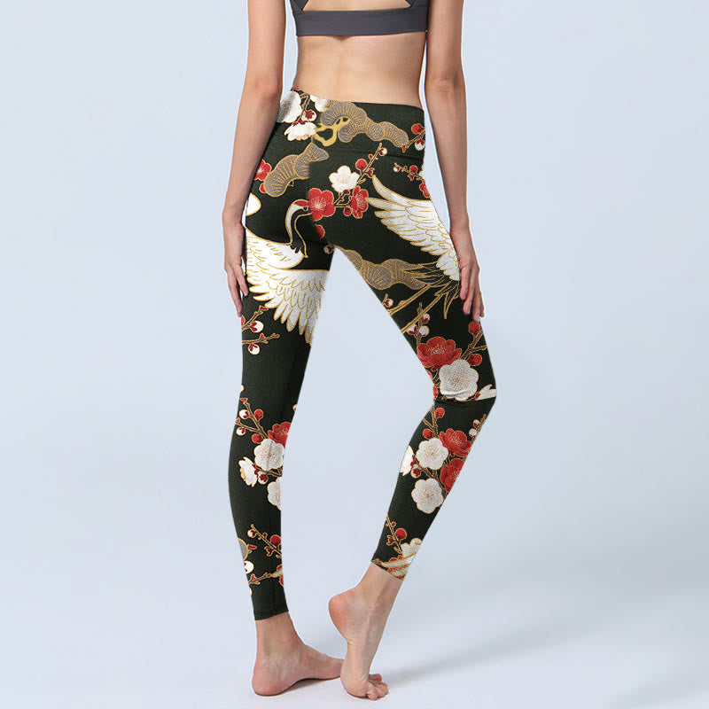 Buddha Stones, Rot-Kronen-Kraniche, Pflaumenblüten, Zweige, Musterdruck, Gym-Leggings, Damen-Yogahose - image 5