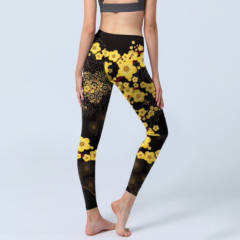 Buddha Stones, gelbe Kirschblüten, Bambusblätter, Feuerwerk, Musterdruck, Gym-Leggings für Damen, Yogahose - image 5