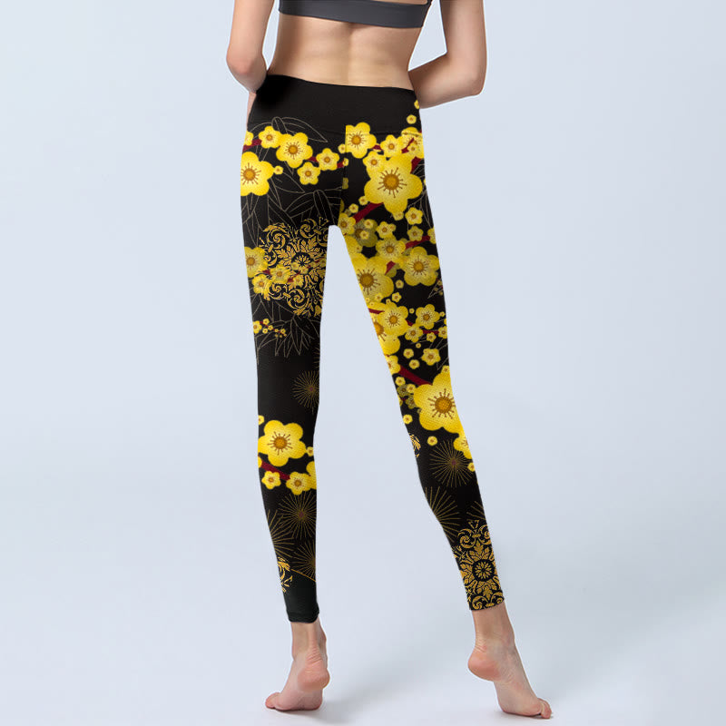 Buddha Stones, gelbe Kirschblüten, Bambusblätter, Feuerwerk, Musterdruck, Gym-Leggings für Damen, Yogahose - image 6