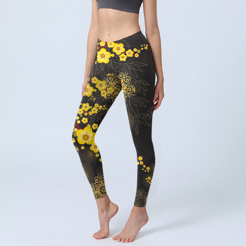 Buddha Stones, gelbe Kirschblüten, Bambusblätter, Feuerwerk, Musterdruck, Gym-Leggings für Damen, Yogahose - Schwarz - US18, UK/AU22, EU50 (4XL) - image 0