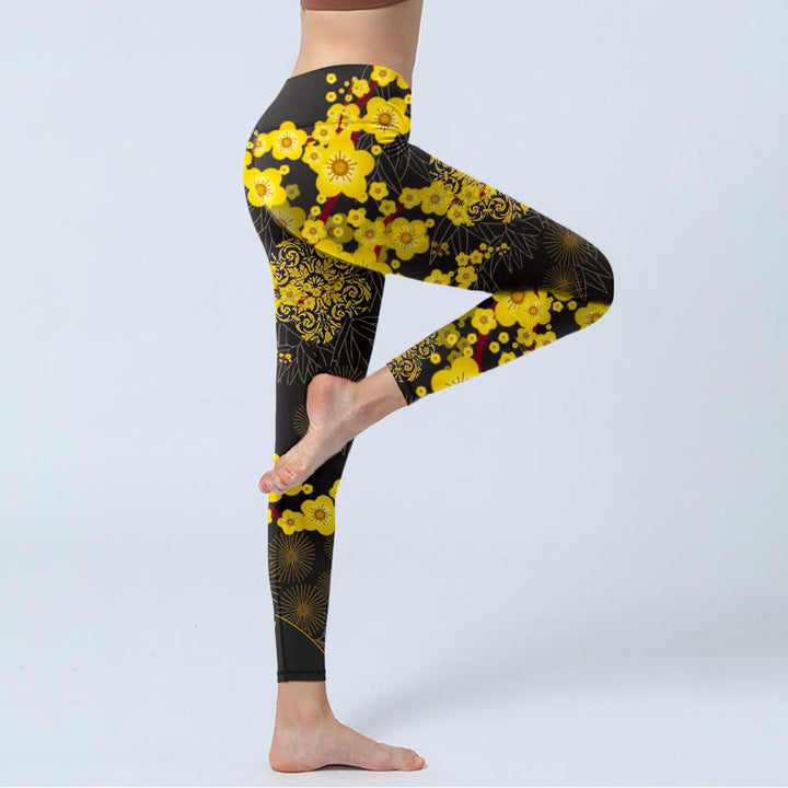 Buddha Stones, gelbe Kirschblüten, Bambusblätter, Feuerwerk, Musterdruck, Gym-Leggings für Damen, Yogahose - image 3