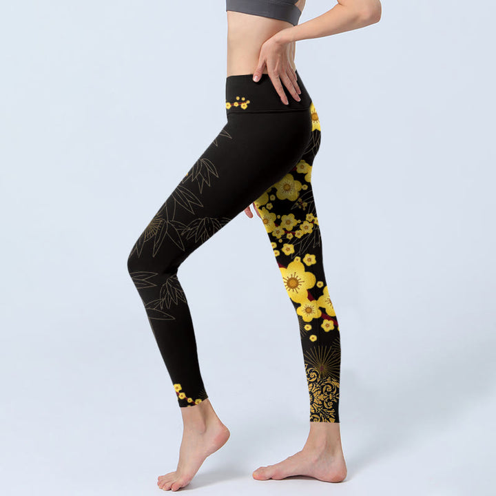 Buddha Stones, gelbe Kirschblüten, Bambusblätter, Feuerwerk, Musterdruck, Gym-Leggings für Damen, Yogahose - image 3