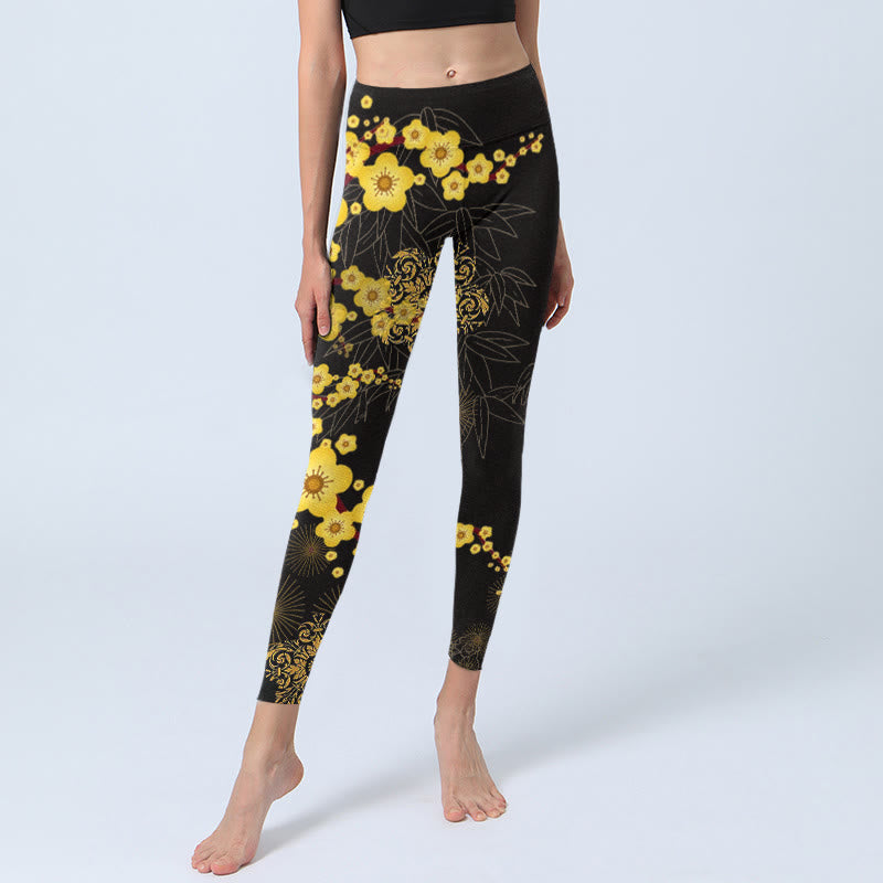 Buddha Stones, gelbe Kirschblüten, Bambusblätter, Feuerwerk, Musterdruck, Gym-Leggings für Damen, Yogahose - image 5