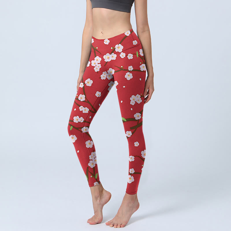 Buddha Stones, Pflaumenblüten, Zweige, Blätter, Musterdruck, Gym-Leggings, Damen-Yogahose - Purpurrot - US18, UK/AU22, EU50 (4XL) - image 0