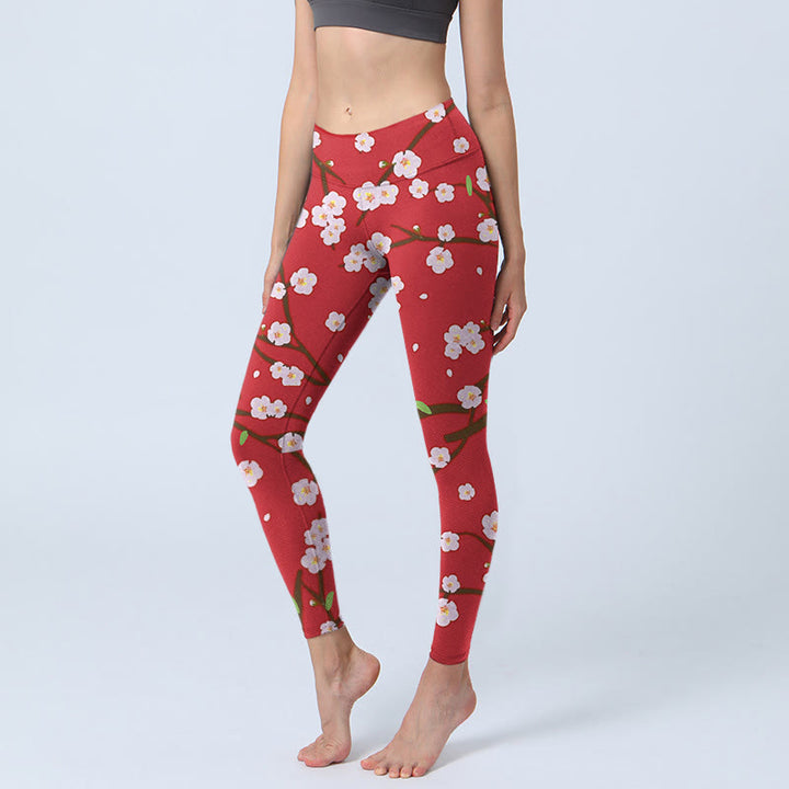 Buddha Stones, Pflaumenblüten, Zweige, Blätter, Musterdruck, Gym-Leggings, Damen-Yogahose - Purpurrot - US18, UK/AU22, EU50 (4XL) - image 0