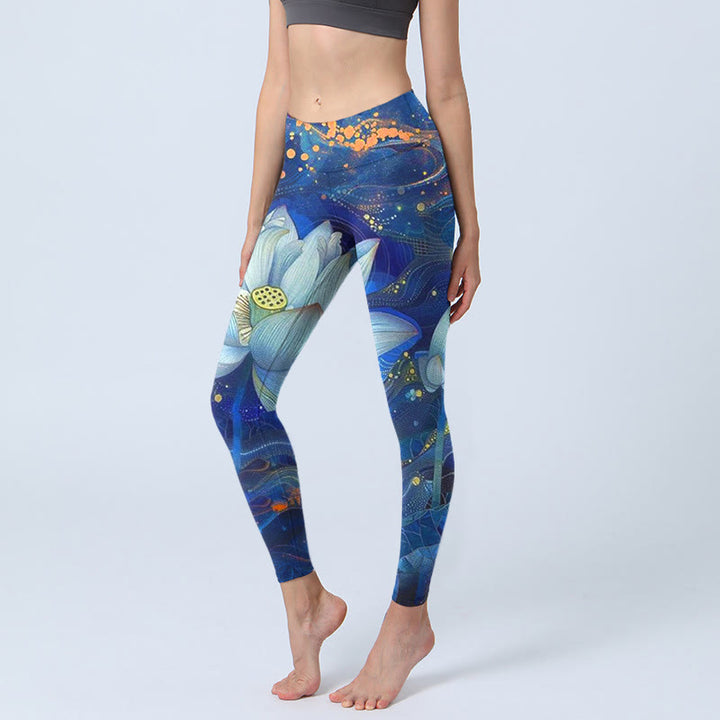 Buddha Stones Blooming White Lotus Musterdruck Gym Leggings Damen Yogahose - Stahlblau - US18， UK/AU22，EU50 (4XL) - image 1