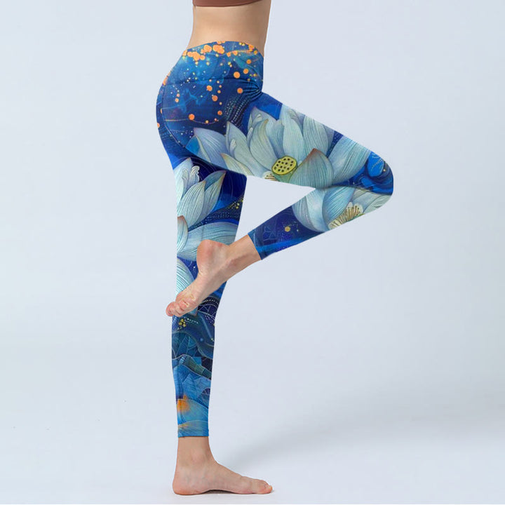 Buddha Stones Blooming White Lotus Musterdruck Gym Leggings Damen Yogahose - image 3