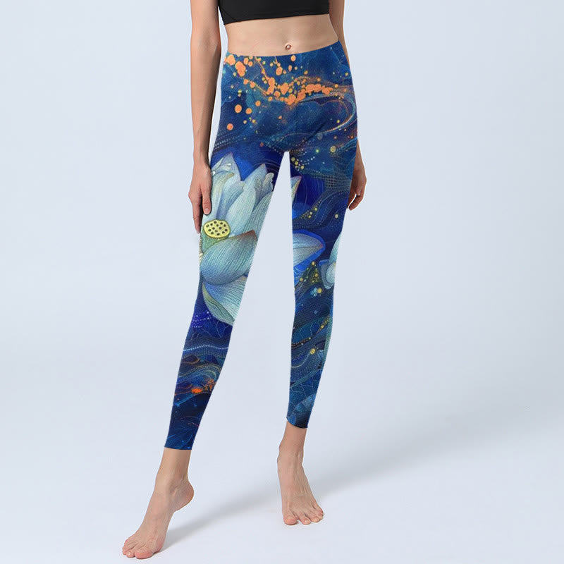 Buddha Stones Blooming White Lotus Musterdruck Gym Leggings Damen Yogahose - image 6