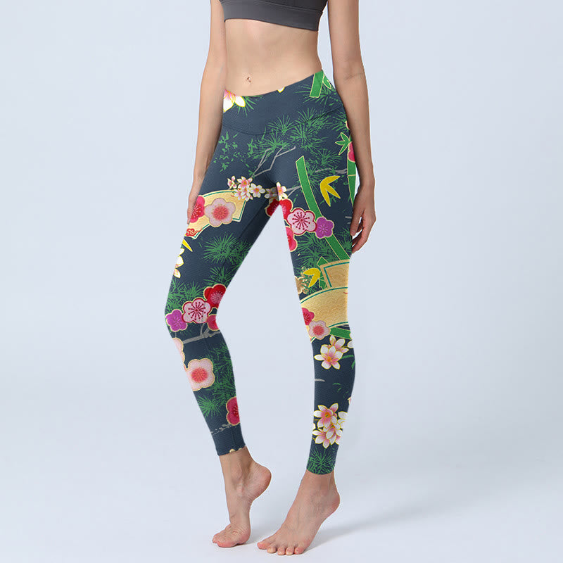 Buddha Stones Kirschblüten Bambus Kiefer Baum Druck Gym Leggings Damen Yoga Hose - Dunkelgrün - US18， UK/AU22，EU50 (4XL) - image 1