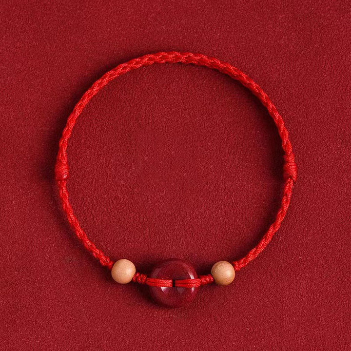 Buddha Stones Pfirsich Holz Frieden Schnalle Zinnober Reichtum String Armband Fußkettchen
