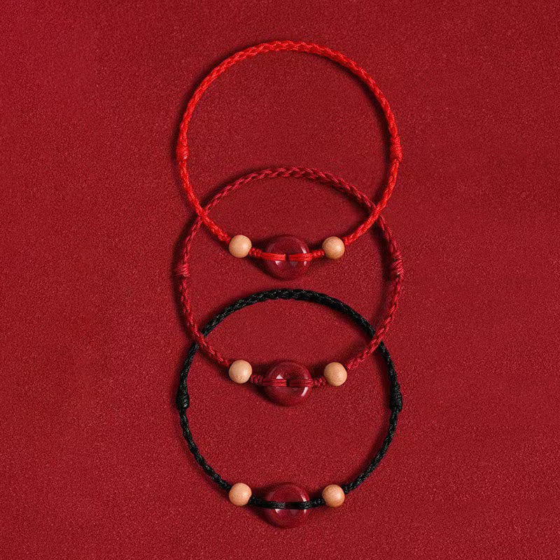 Buddha Stones Pfirsich Holz Frieden Schnalle Zinnober Reichtum String Armband Fußkettchen