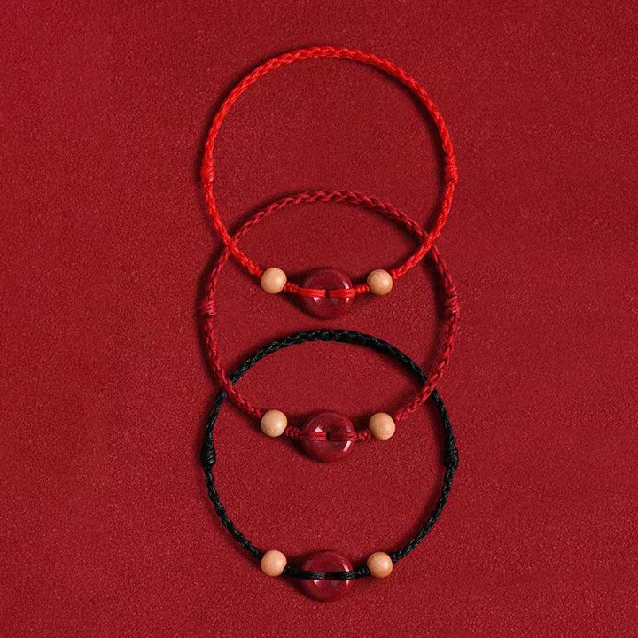 Buddha Stones Pfirsich Holz Frieden Schnalle Zinnober Reichtum String Armband Fußkettchen