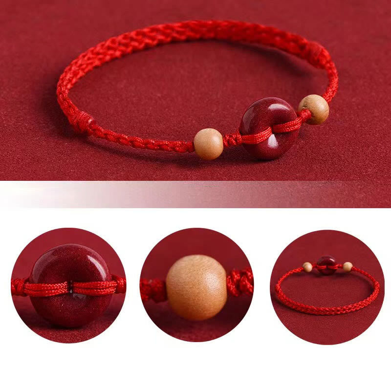 Buddha Stones Pfirsich Holz Frieden Schnalle Zinnober Reichtum String Armband Fußkettchen