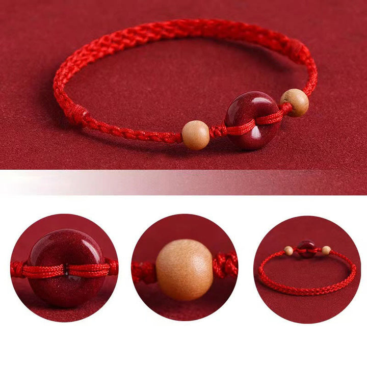 Buddha Stones Pfirsich Holz Frieden Schnalle Zinnober Reichtum String Armband Fußkettchen