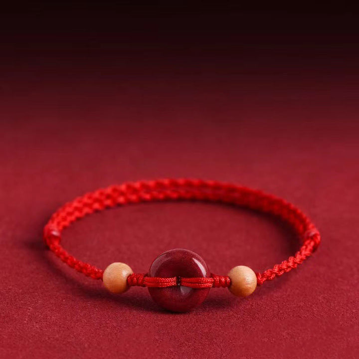 Buddha Stones Pfirsich Holz Frieden Schnalle Zinnober Reichtum String Armband Fußkettchen