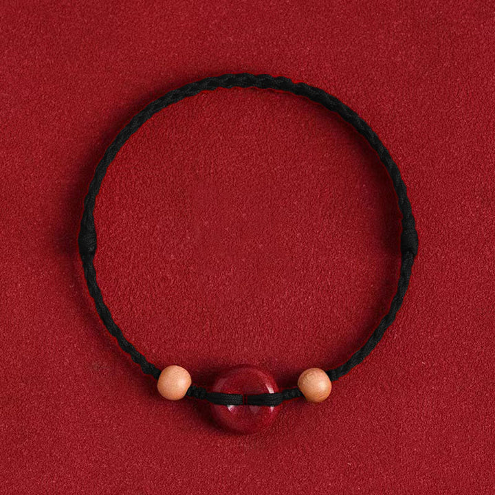 Buddha Stones Pfirsich Holz Frieden Schnalle Zinnober Reichtum String Armband Fußkettchen