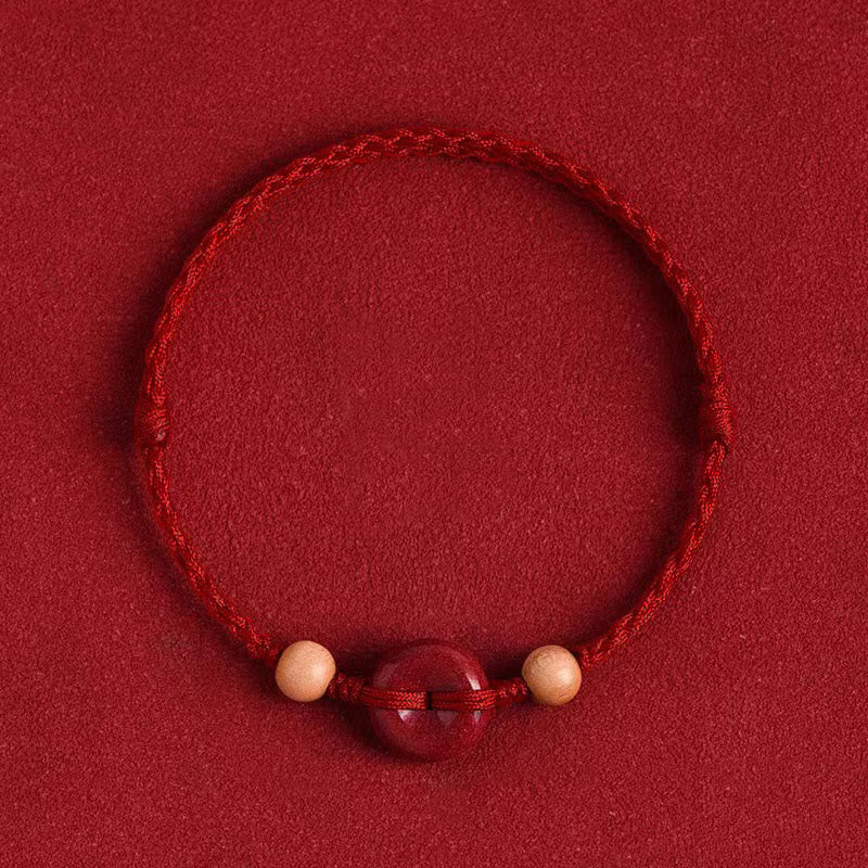 Buddha Stones Pfirsich Holz Frieden Schnalle Zinnober Reichtum String Armband Fußkettchen
