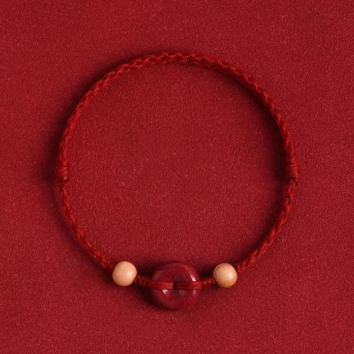 Buddha Stones Pfirsich Holz Frieden Schnalle Zinnober Reichtum String Armband Fußkettchen