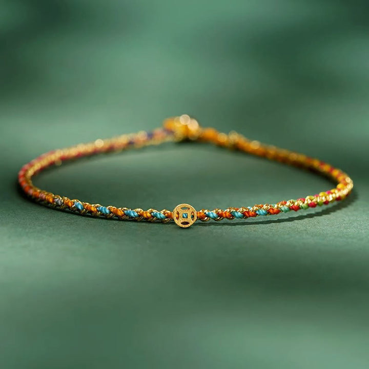 Buddha Stones Buntes Seil Glücksmünze Perlenfülle Extra dünnes geflochtenes Armband