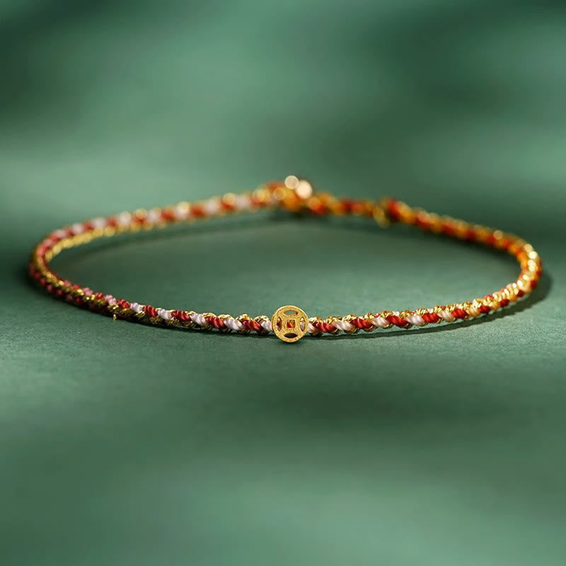 Buddha Stones Buntes Seil Glücksmünze Perlenfülle Extra dünnes geflochtenes Armband - Rot - Seil mit Kupfermünze - 20 cm - image 7