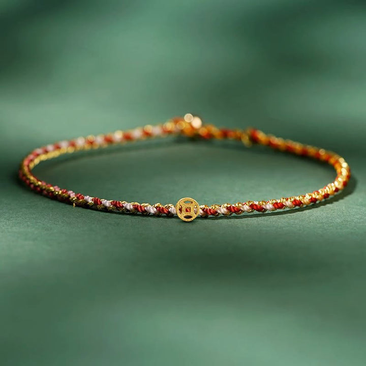 Buddha Stones Buntes Seil Glücksmünze Perlenfülle Extra dünnes geflochtenes Armband - Rot - Seil mit Kupfermünze - 20 cm - image 7