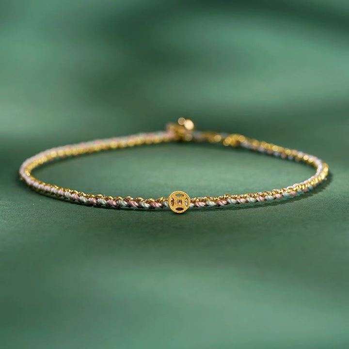 Buddha Stones Buntes Seil Glücksmünze Perlenfülle Extra dünnes geflochtenes Armband - Hellrosa - Seil mit Kupfermünze - 20 cm - image 10