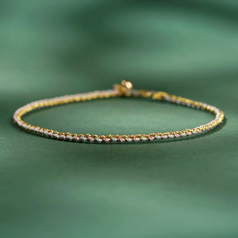 Buddha Stones Buntes Seil Glücksmünze Perlenfülle Extra dünnes geflochtenes Armband - Hellrosa - Blankes Seil - 20 cm - image 12