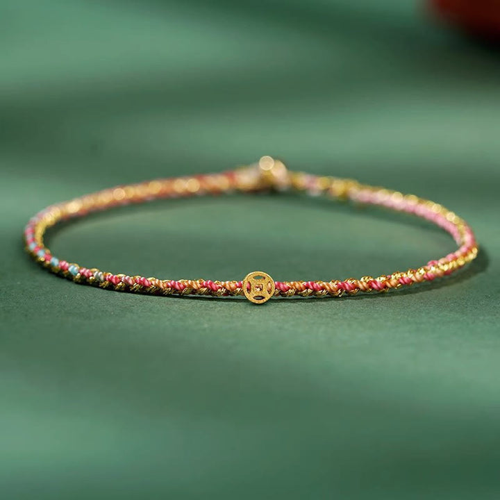 Buddha Stones Buntes Seil Glücksmünze Perlenfülle Extra dünnes geflochtenes Armband