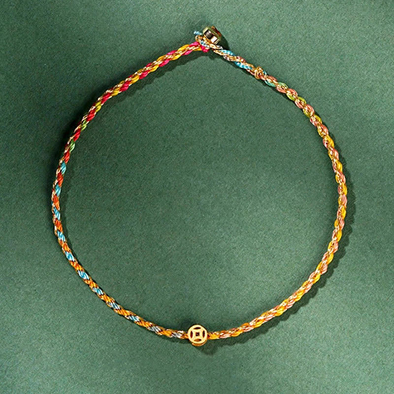 Buddha Stones Buntes Seil Glücksmünze Perlenfülle Extra dünnes geflochtenes Armband