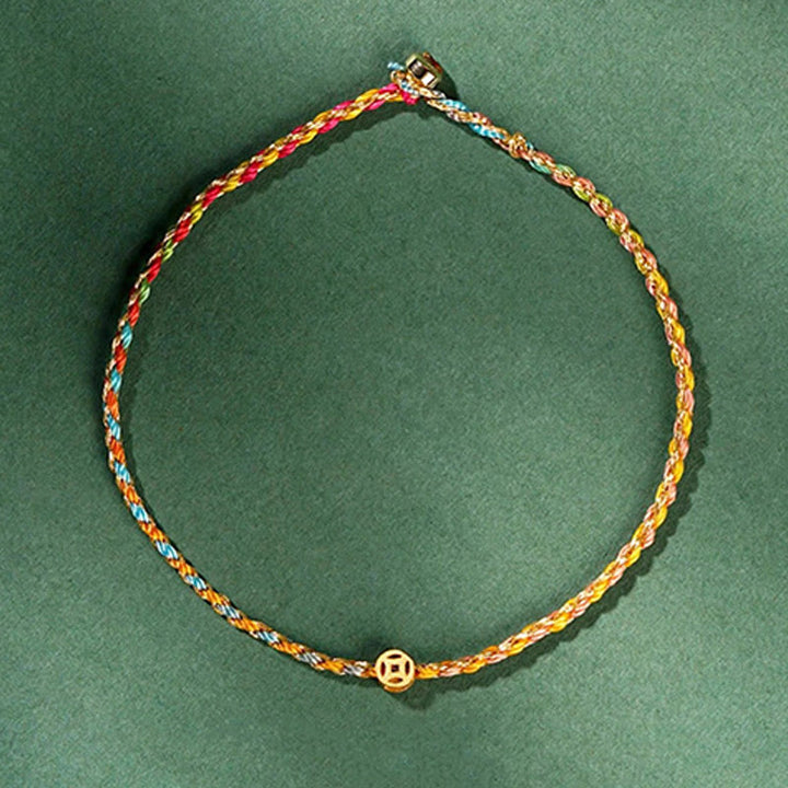 Buddha Stones Buntes Seil Glücksmünze Perlenfülle Extra dünnes geflochtenes Armband