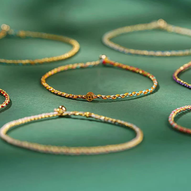 Buddha Stones Buntes Seil Glücksmünze Perlenfülle Extra dünnes geflochtenes Armband