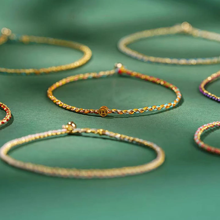 Buddha Stones Buntes Seil Glücksmünze Perlenfülle Extra dünnes geflochtenes Armband