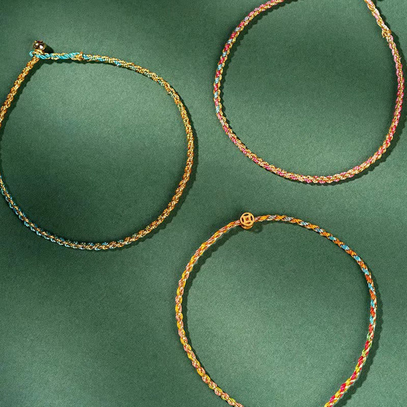 Buddha Stones Buntes Seil Glücksmünze Perlenfülle Extra dünnes geflochtenes Armband