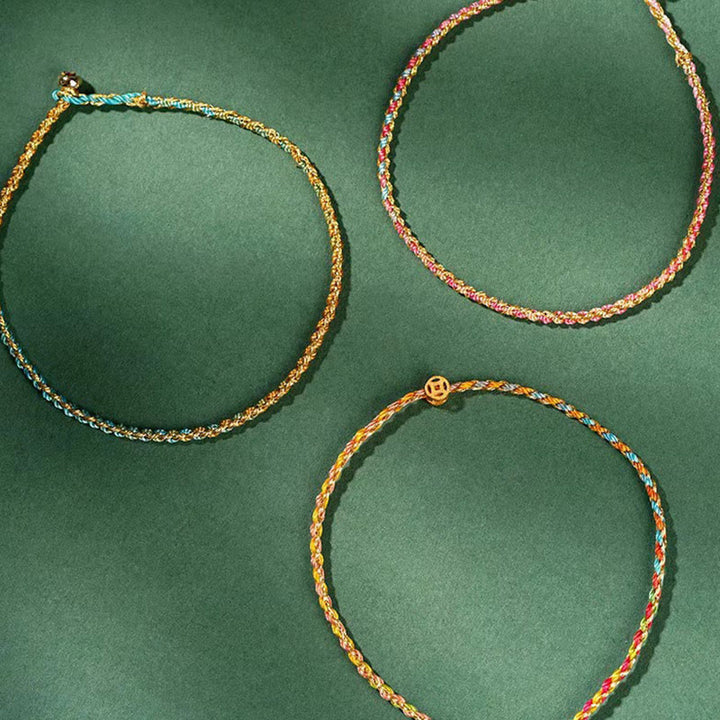Buddha Stones Buntes Seil Glücksmünze Perlenfülle Extra dünnes geflochtenes Armband