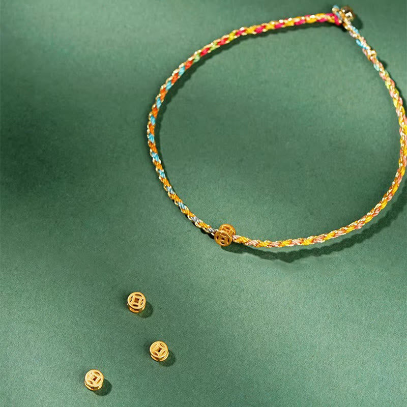 Buddha Stones Buntes Seil Glücksmünze Perlenfülle Extra dünnes geflochtenes Armband