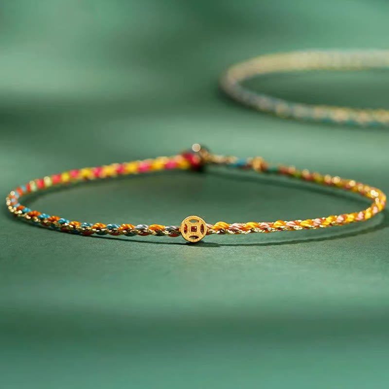 Buddha Stones Buntes Seil Glücksmünze Perlenfülle Extra dünnes geflochtenes Armband