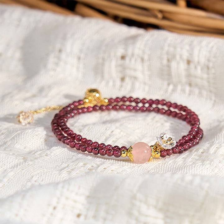 Buddha Stones Armband mit natürlichem Blumengranat und rosa Kristall, ruhig, doppelt gewickelt