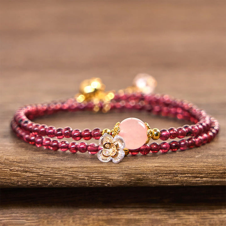 Buddha Stones Armband mit natürlichem Blumengranat und rosa Kristall, ruhig, doppelt gewickelt