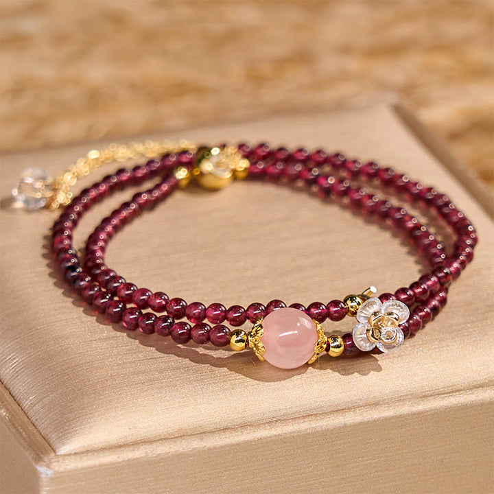 Buddha Stones Armband mit natürlichem Blumengranat und rosa Kristall, ruhig, doppelt gewickelt
