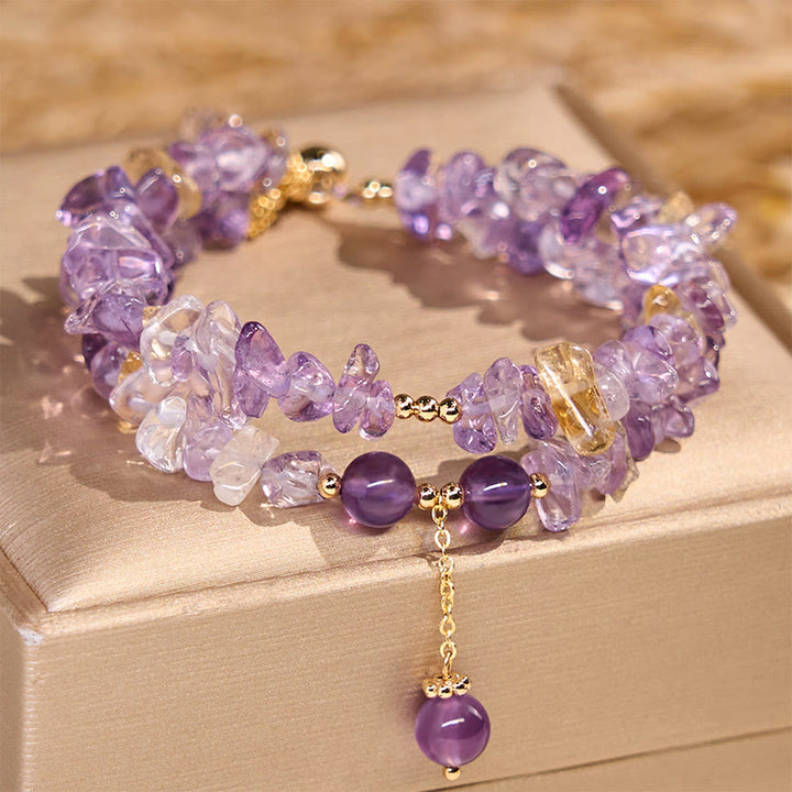 Buddha Stones Unregelmäßiger natürlicher Amethyst Citrin Kies Meditation Doppelschicht Armband
