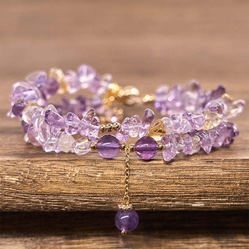 Buddha Stones Unregelmäßiger natürlicher Amethyst Citrin Kies Meditation Doppelschicht Armband