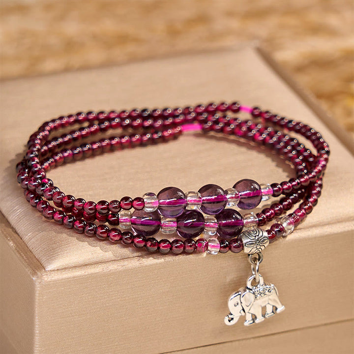 Buddha Stones Natürlicher Granat Elefant Abakus Glückstasche PiXiu Schutz Dreifach Wickelarmband