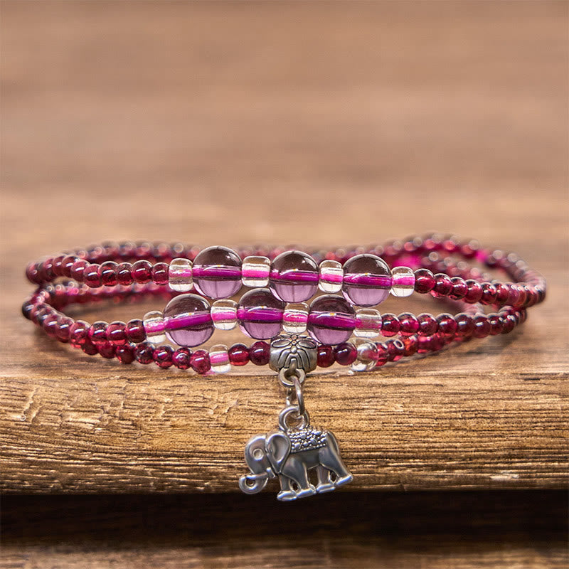 Buddha Stones Natürlicher Granat Elefant Abakus Glückstasche PiXiu Schutz Dreifach Wickelarmband